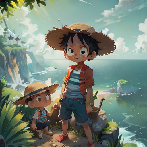 a boy and a girl standing on a cliff by the ocean with a hat on their head and a backpack on their shoulders