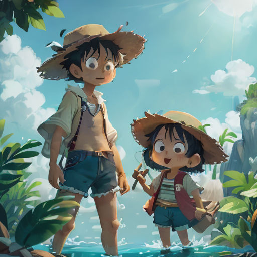 a boy and a girl standing in the water with hats on their heads and a backpack on their shoulders