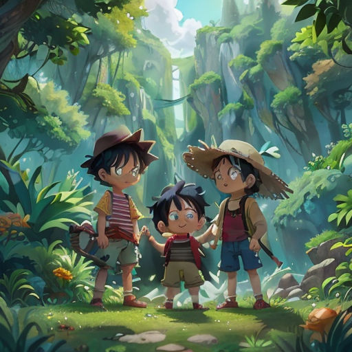 three children standing in the middle of a jungle with a waterfall in the background and a man in a hat