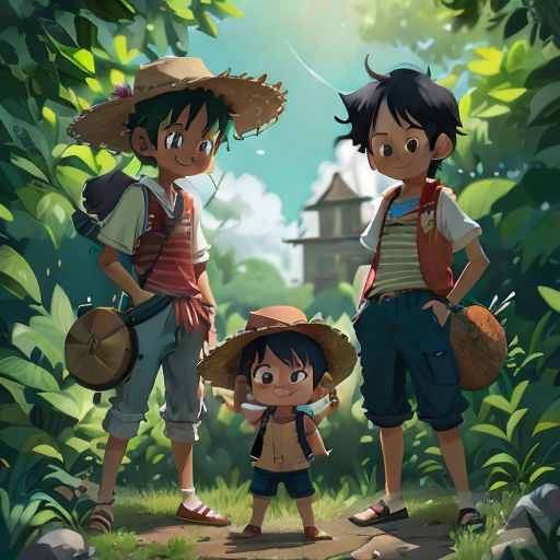 three children standing in the woods with hats on their heads and one holding a backpack and the other carrying a backpack