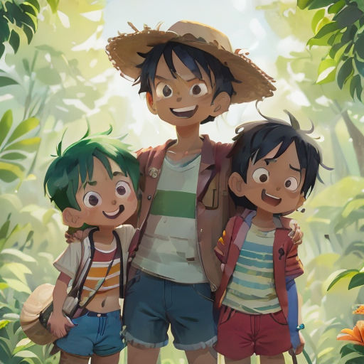 a man and two children standing in front of a jungle background with flowers and leaves on the ground and a man wearing a straw hat