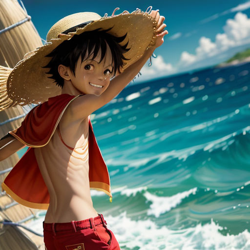 a boy in a straw hat on a beach near the ocean with a boat in the background and a blue sky