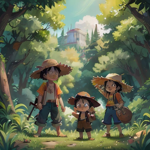 a group of people standing in the woods with hats on and holding guns in their hands, with a castle in the background