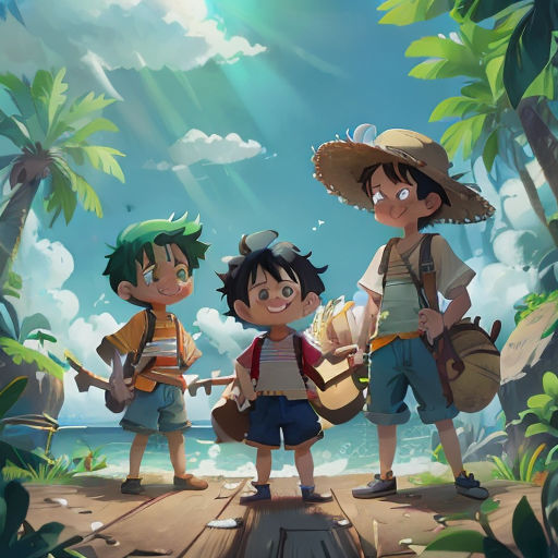 a group of children standing on a beach next to the ocean with a boat in the water and a man holding a guitar