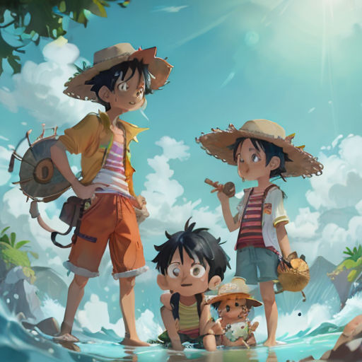 a group of children standing on top of a beach next to a body of water with a sky background