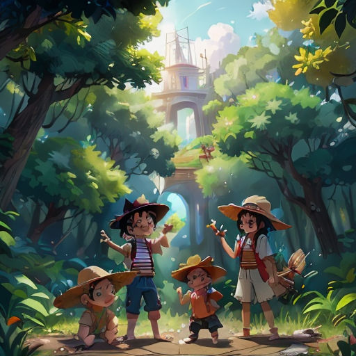 a group of children standing in the woods with a tower in the background and a bird flying overhead in the sky