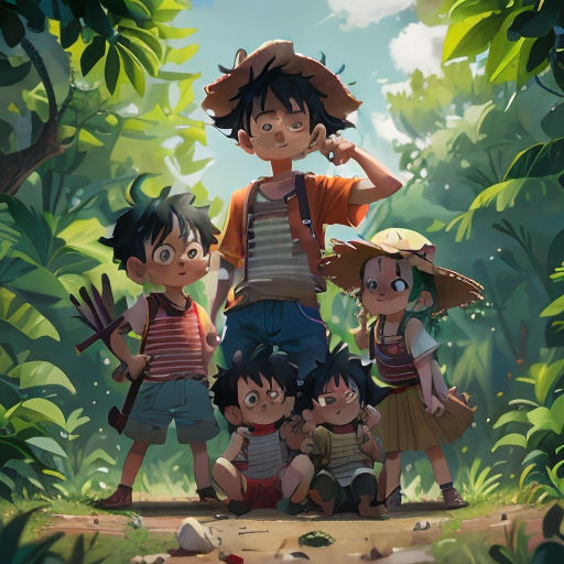 a group of children standing in the middle of a forest with trees and rocks on the ground, all wearing hats