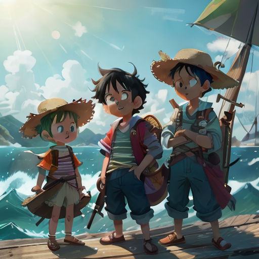 three children standing on a dock with a boat in the background and a ship in the background, with a person holding a flag