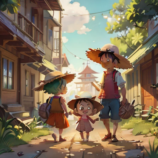 a family of three walking down a street in a cartoon style, with a small child holding the hand of the woman