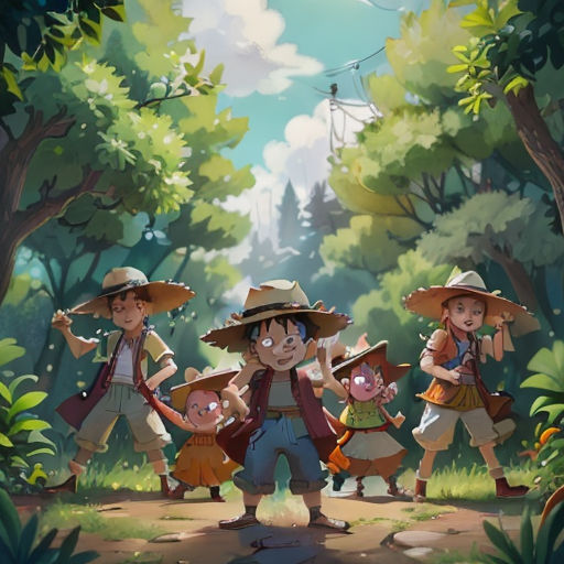 a group of people in a forest with trees and plants on the ground, with a sky background and a cartoon character in the middle