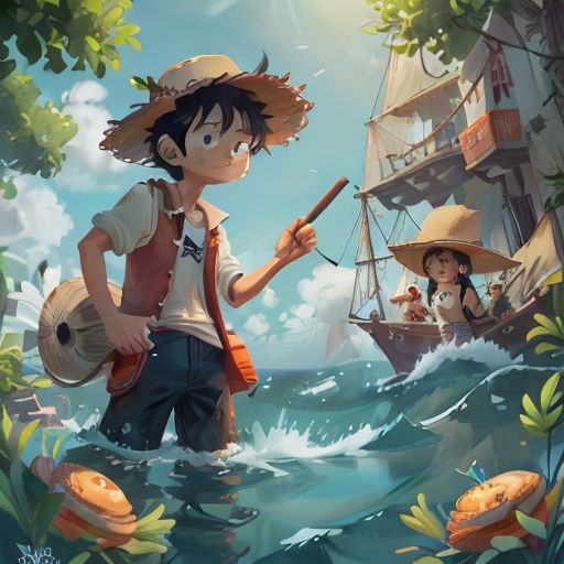 a boy in a hat and vest standing in the water with a boat in the background and another boy in a hat and vest holding a paddle