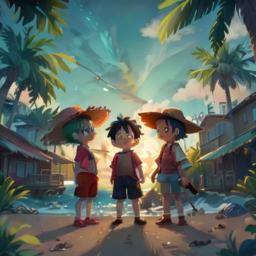 three children standing on a beach with a sky background and palm trees in the background, with a boy in a hat and another boy in a red shirt