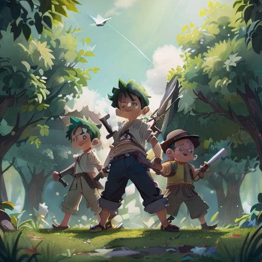 a group of children in a forest with a kite flying above them and a bird flying above them,