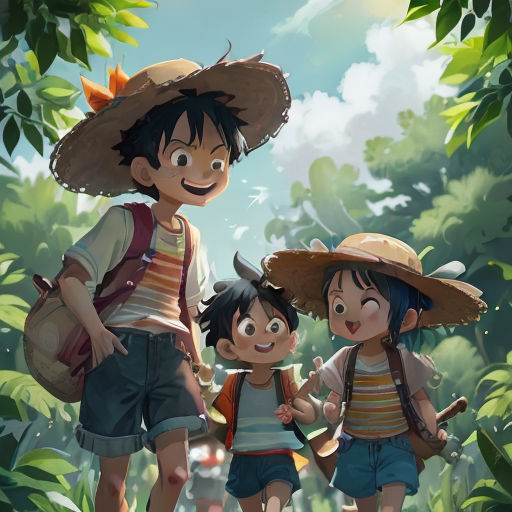 a group of children walking through a forest together with a backpack on their back and a backpack on their shoulder