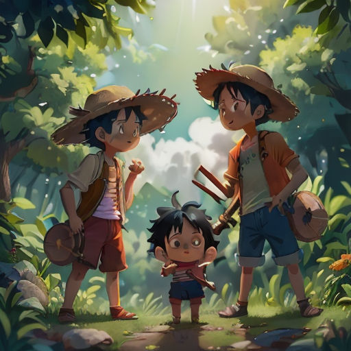 three children in the jungle with a boy holding a stick and a girl holding a hat and a boy with a backpack