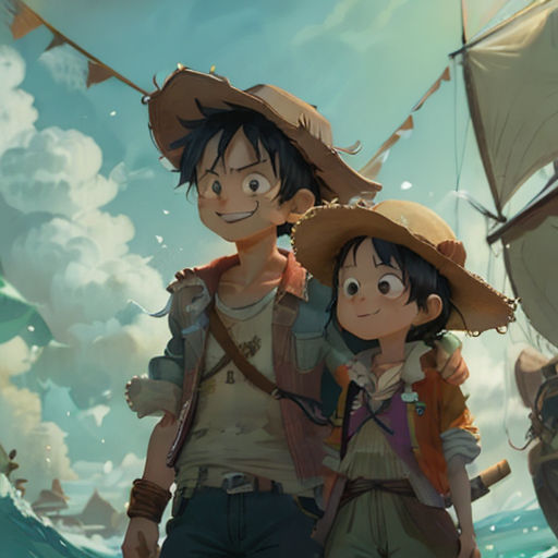 a boy and a girl are standing in front of a boat in the ocean with a pirate ship in the background