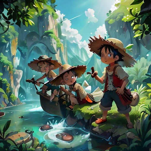 a group of children in a jungle with a boat in the water and a man on the other side