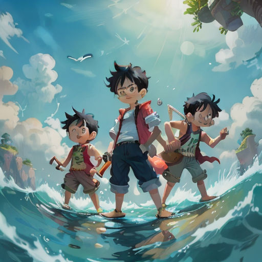 a group of children standing on top of a wave in the ocean with a sky background and a tree