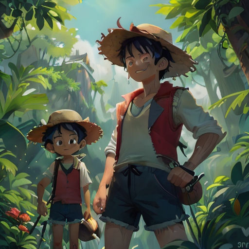 a man and a boy in a jungle with a hat on their heads and a backpack on their shoulders