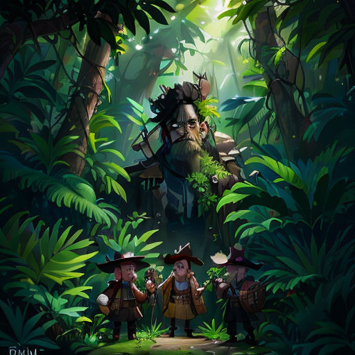 a group of people standing in the middle of a forest with a giant mushroom on top of them and a man with a beard