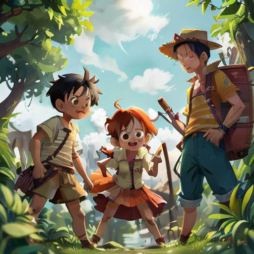 a group of people standing in the woods with a boy and girl holding a gun and a boy with a backpack