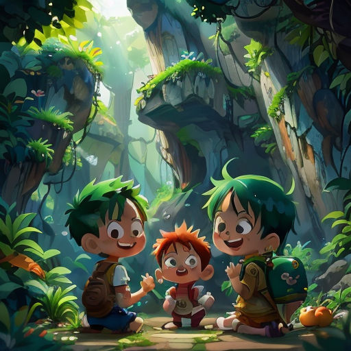 two children are sitting in the woods with a backpack on their back and one is holding a book and the other is holding a book