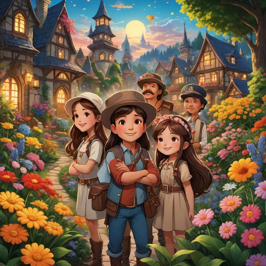 a cartoon of a family standing in a garden with flowers and a house in the background with a full moon, fantasy art, a storybook illustration, Anne Said, official art