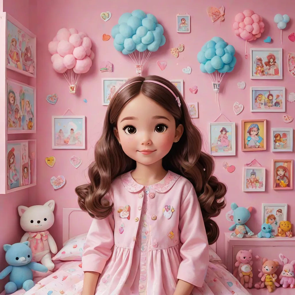 a doll is sitting on a bed in a room with pink walls and pictures on the wall and a teddy bear, pop surrealism, a storybook illustration, Alice Prin, girl