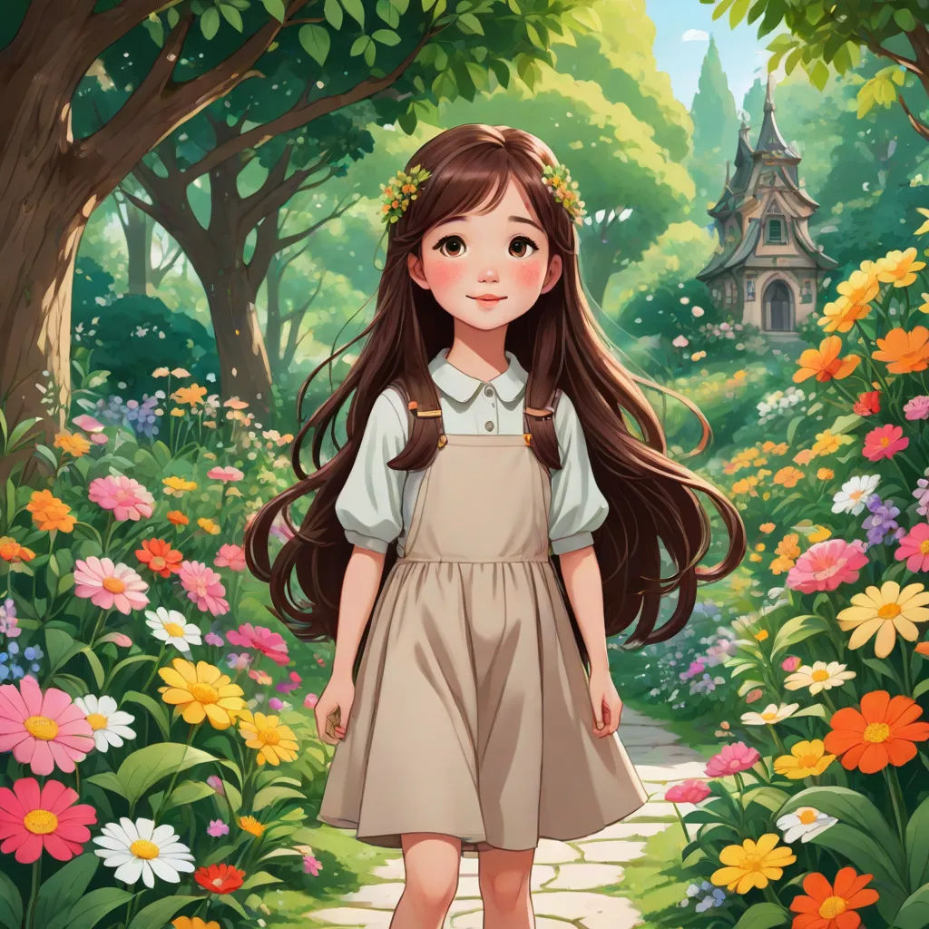 a girl in a dress standing in a garden with flowers and trees in the background, with a birdhouse in the background, fantasy art, a character portrait, Alice Prin, kinkade