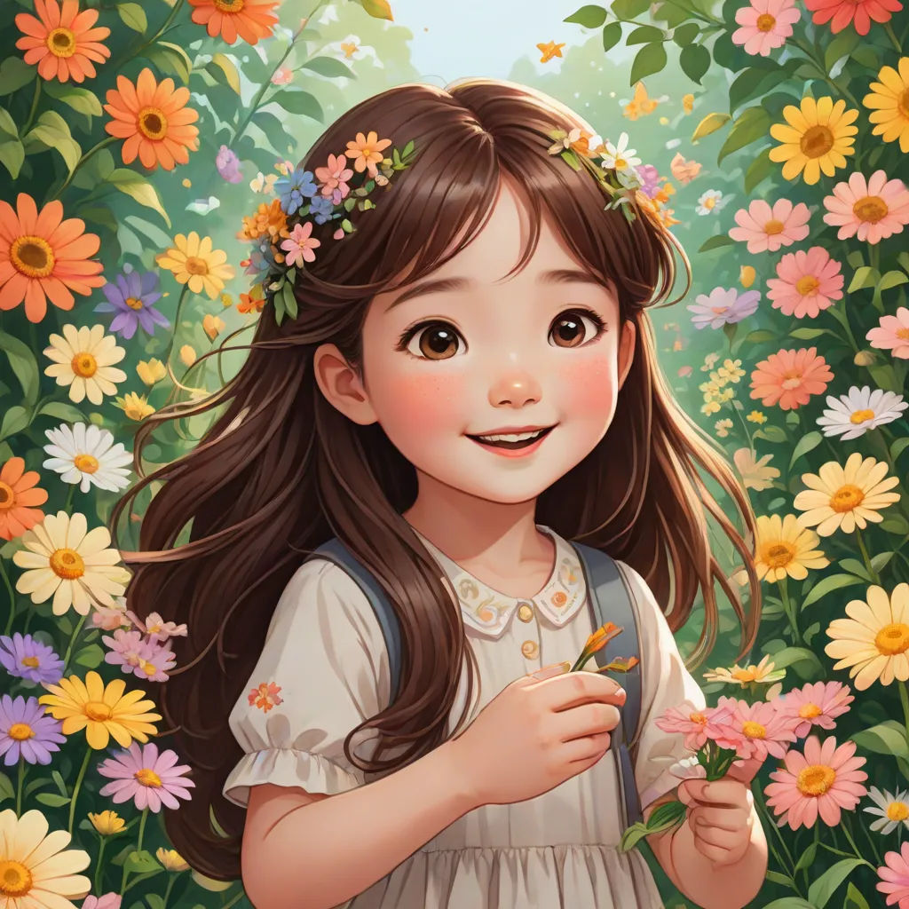 a girl in a field of flowers holding a flower in her hand and smiling at the camera with a butterfly in her hand, fantasy art, a storybook illustration, Chen Lin, trending on art station