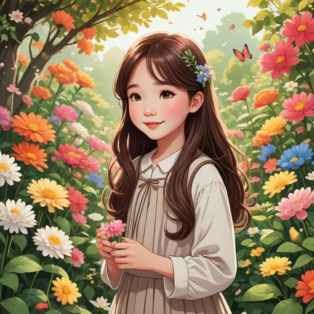 a girl in a field of flowers holding a flower in her hands and smiling at the camera with a butterfly flying overhead, fantasy art, a storybook illustration, Chen Hong, rossdraws global illumination