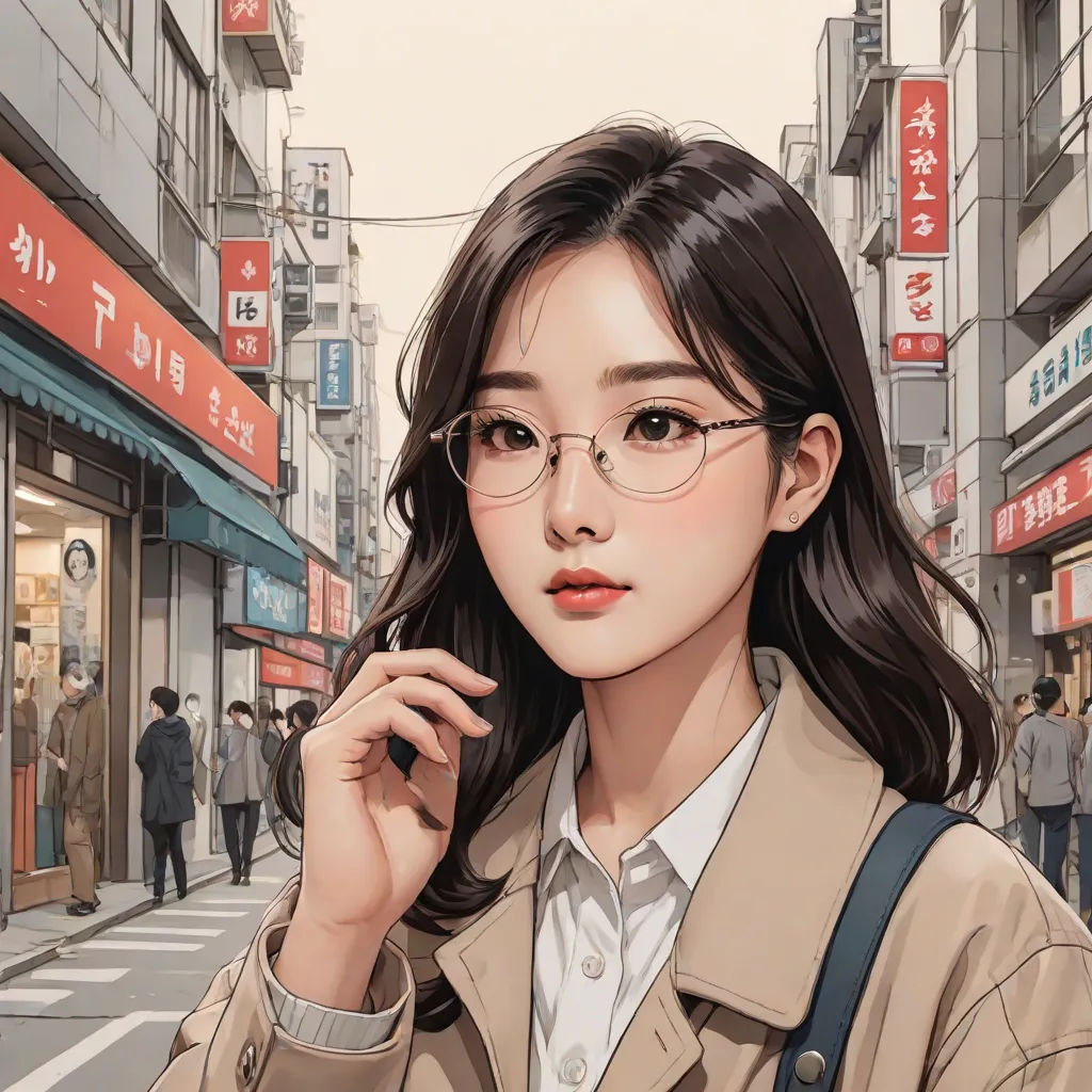 a woman in glasses is standing on a street corner in a city with people walking by and shops on the side of the street, aestheticism, a comic book panel, Artgerm, stanley artgerm lau