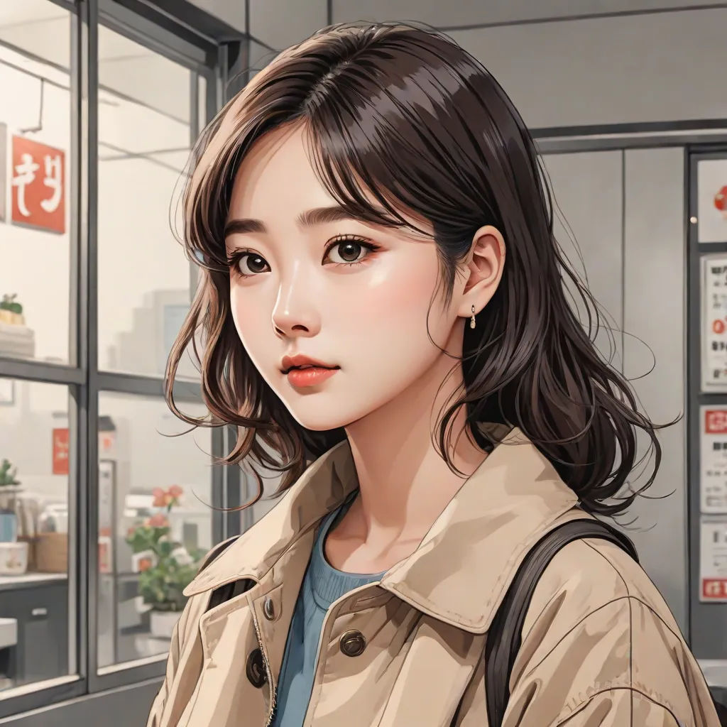 a woman with a backpack standing in front of a store window with a sign that says,,,, computer art, a detailed painting, Artgerm, anime art style