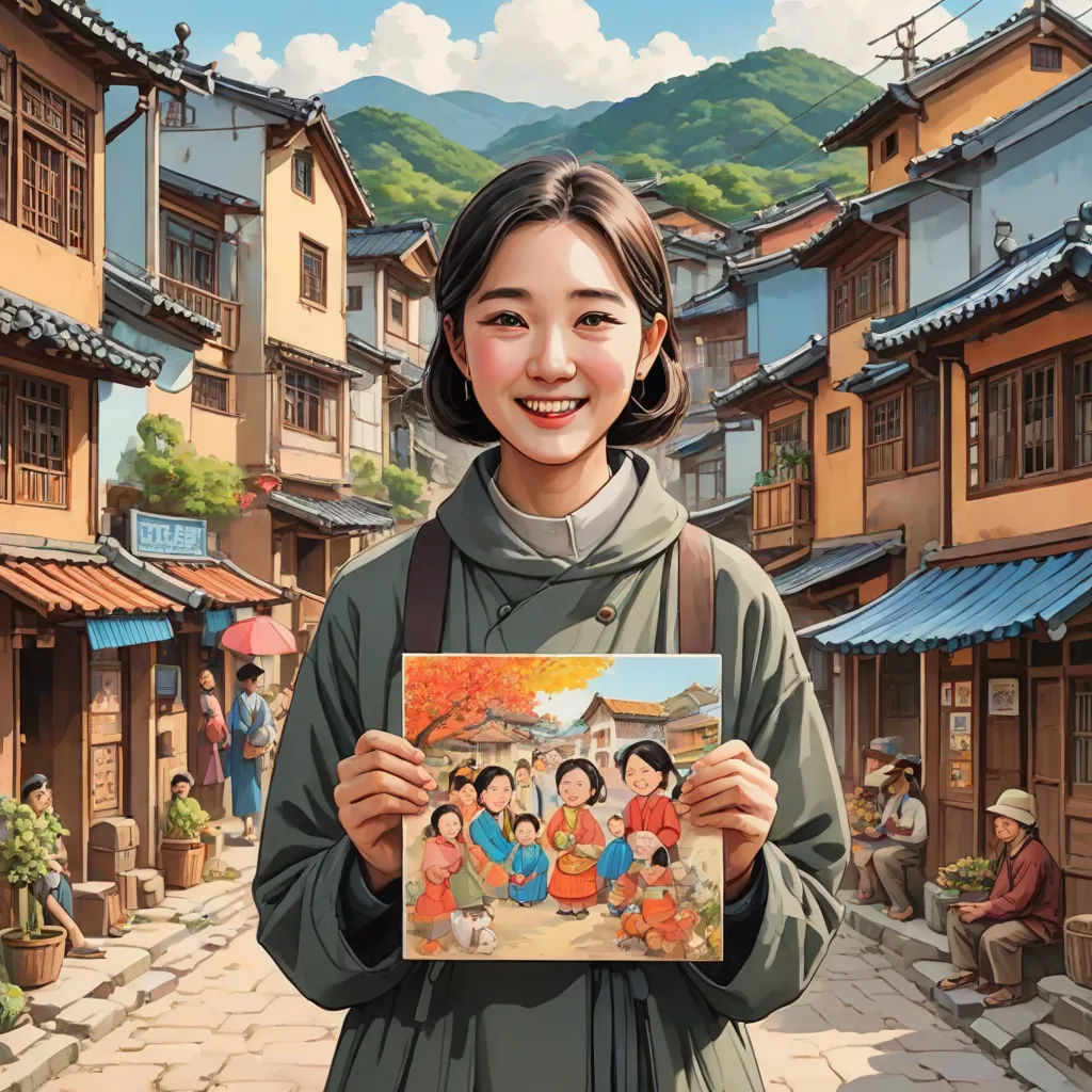 a woman holding a picture of a village with people in it and a mountain in the background with a sky, cloisonnism, a storybook illustration, Art & Language, official art