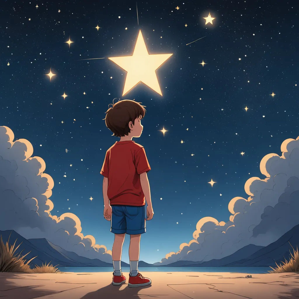 a boy looking at a star in the sky with clouds and stars in the sky above him, and a mountain in the background, space art, a storybook illustration, Diego Gisbert Llorens, stars