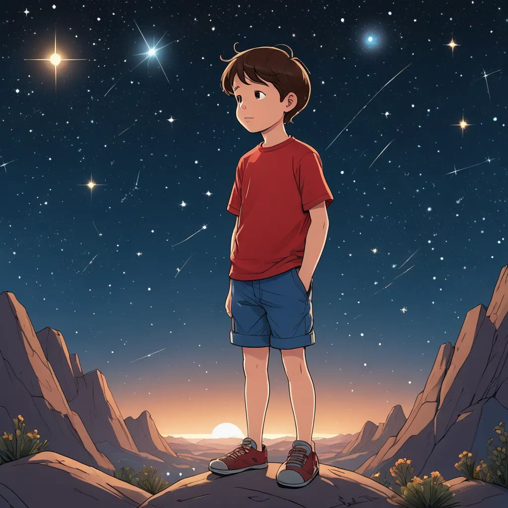 a boy standing on a rock in the desert at night with stars in the sky above him and a mountain in the background, space art, a storybook illustration, Diego Gisbert Llorens, yukito kishiro