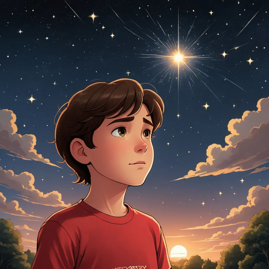 a boy in a red shirt looking up at the stars above him in the sky above a forest at night, space art, a storybook illustration, Aaron Jasinski, stars
