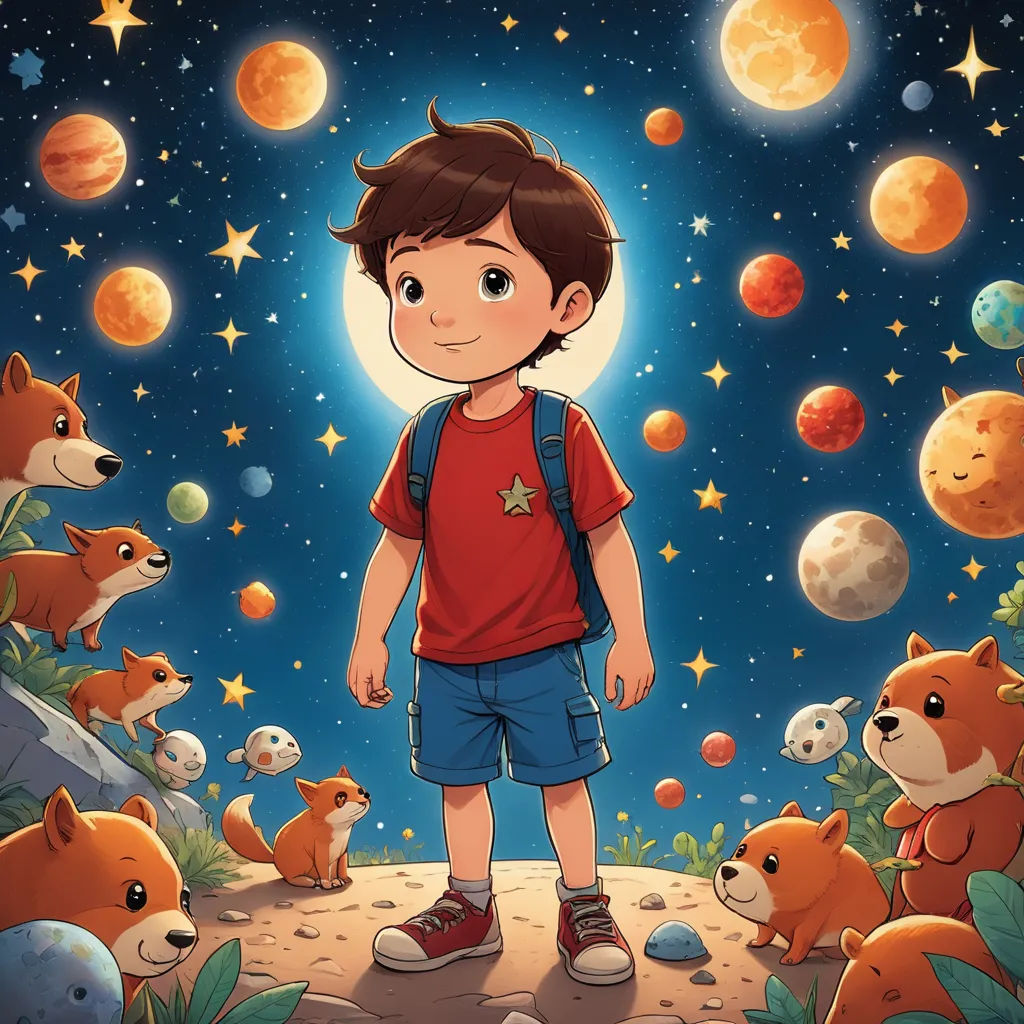 a boy standing on a hill surrounded by animals and planets in the sky with stars and moon in the sky, space art, a storybook illustration, Aaron Jasinski, comic cover art