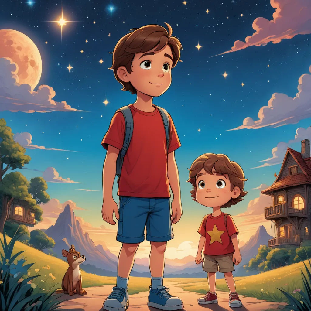 a boy and a boy standing in front of a house with a dog on a leash under a night sky, space art, a storybook illustration, Diego Gisbert Llorens, promotional image
