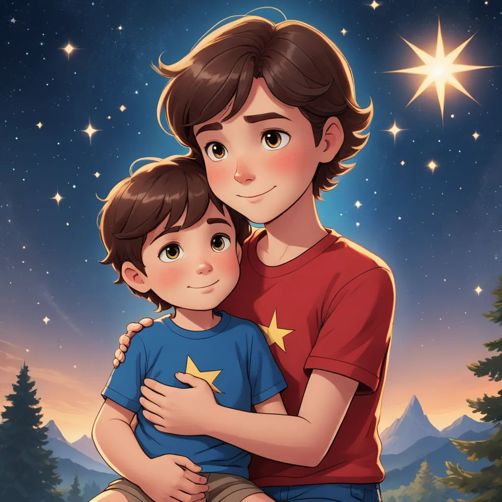 a boy hugging his father in the night sky with stars above him and a mountain in the background with trees, space art, a storybook illustration, Diego Gisbert Llorens, key art