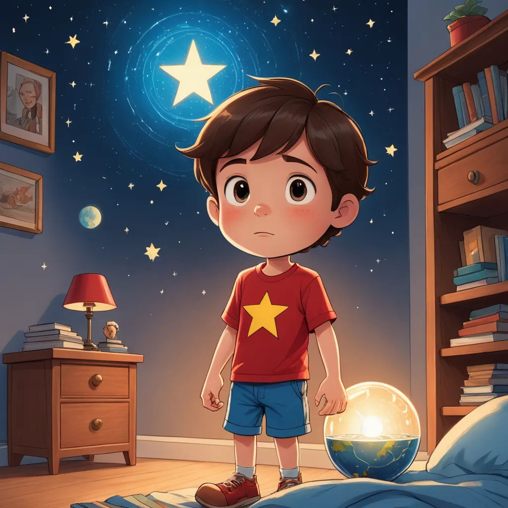 a boy standing in a bedroom with a star on the wall and a bed in front of him with a bookcase and a night sky with stars, space art, a storybook illustration, Diego Gisbert Llorens, stars