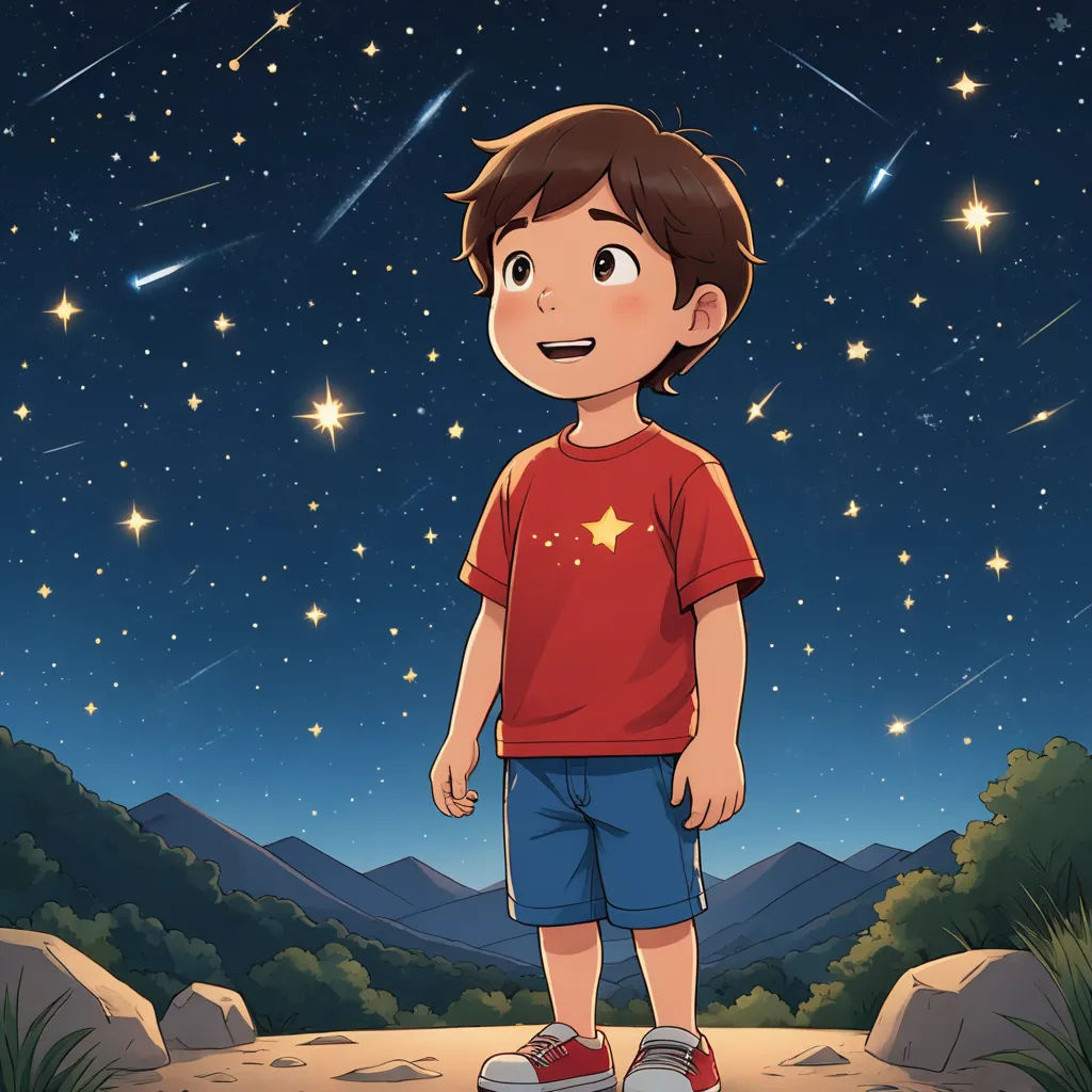 a boy standing in the middle of a field with stars in the sky above him and a mountain behind him, space art, a storybook illustration, Diego Gisbert Llorens, official art