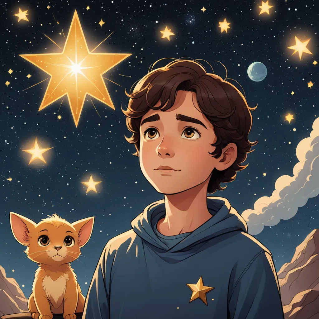 a boy with a cat in front of a star of david and the star of david on a night sky, space art, a storybook illustration, Diego Gisbert Llorens, comic cover art