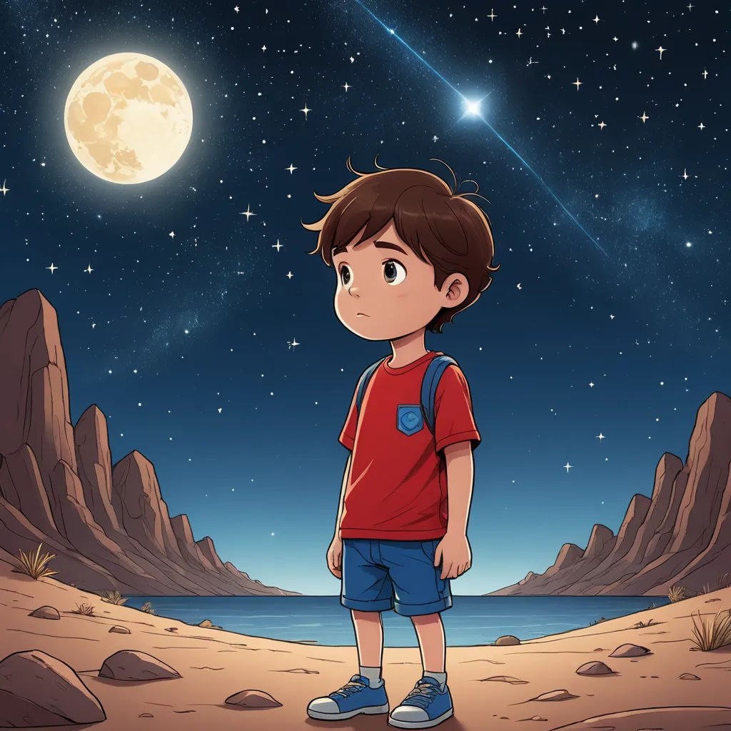 a boy standing in the desert under a full moon and stars sky with a mountain and a lake in the background, space art, a storybook illustration, Diego Gisbert Llorens, promotional image