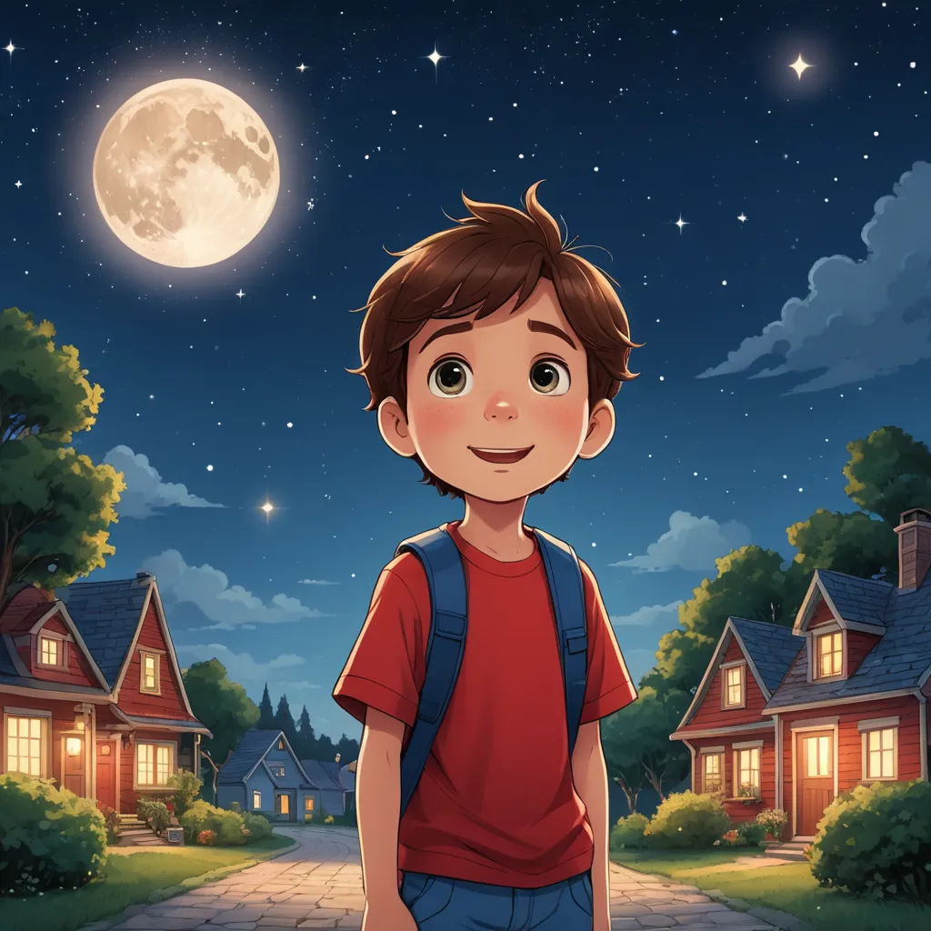 a boy standing in front of a house with a full moon in the background and a street light in the foreground, magical realism, a storybook illustration, Diego Gisbert Llorens, promotional image