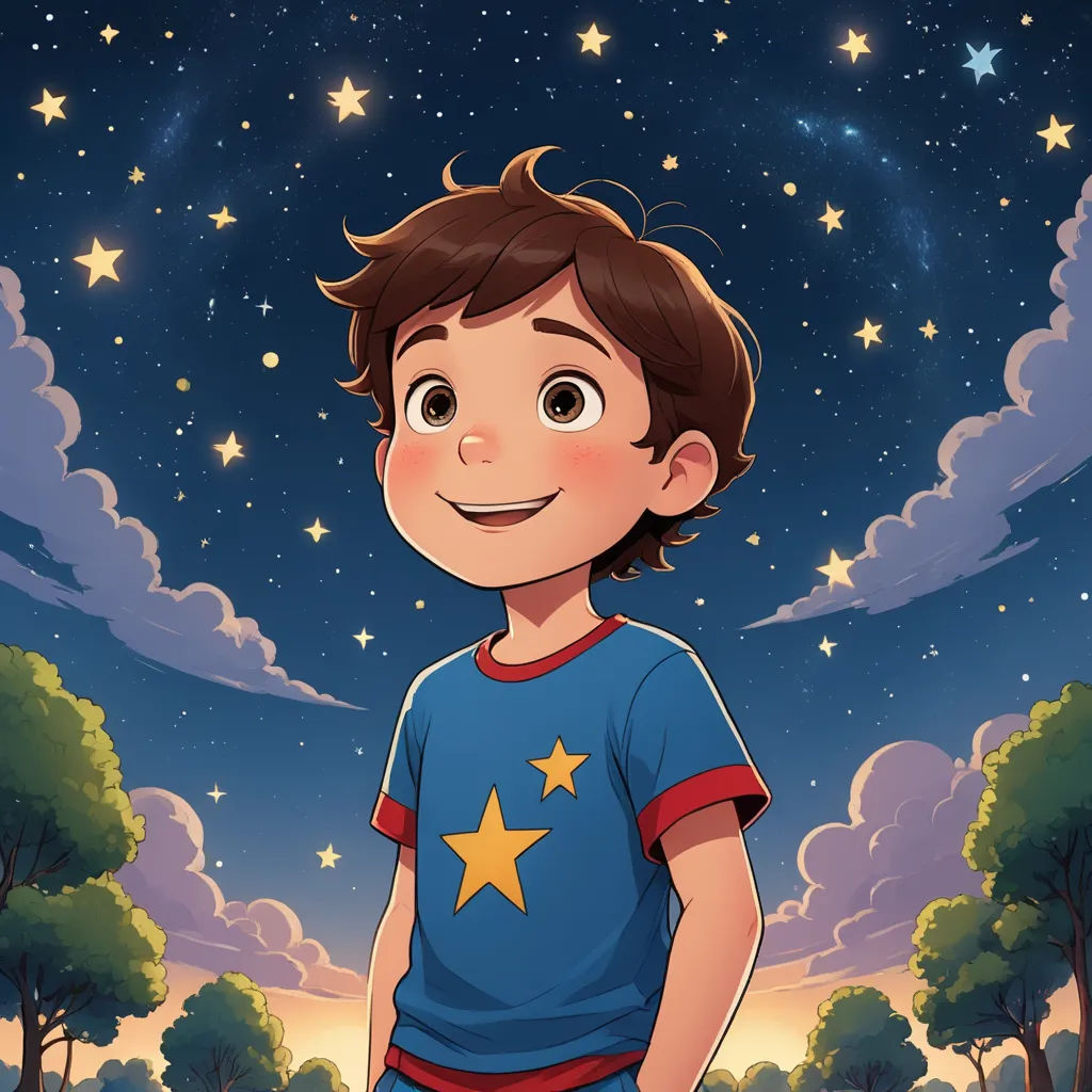 a boy in a blue shirt standing in a field with stars in the sky above him and trees below, space art, a storybook illustration, Diego Gisbert Llorens, stars