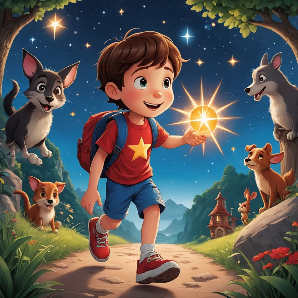 a boy with a backpack is running towards a star in the sky with other animals around him and a forest with stars, space art, a storybook illustration, Aaron Jasinski, promotional image