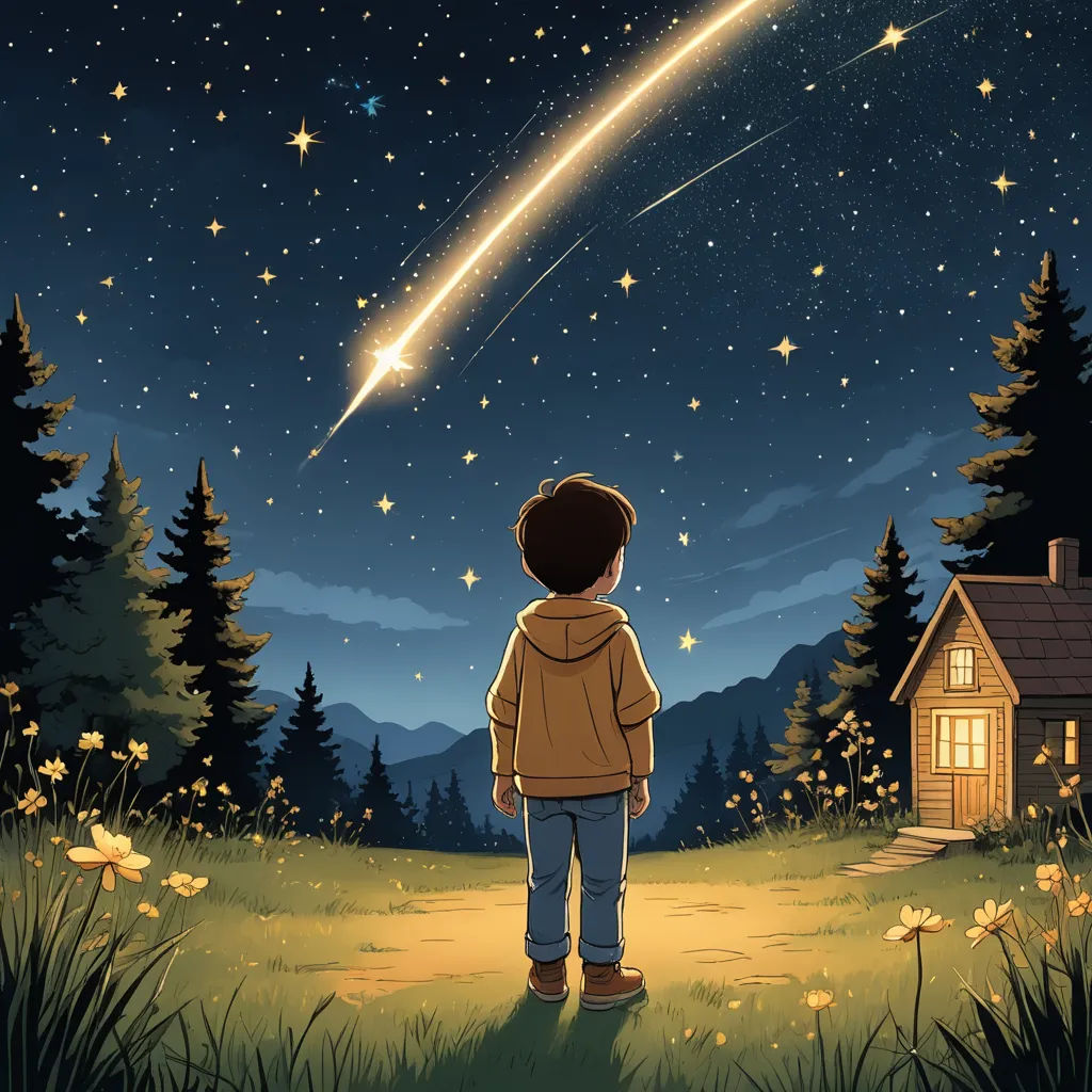a boy looking at a shooting star in the sky above a house in the woods at night time with stars, space art, a storybook illustration, Diego Gisbert Llorens, storybook illustration