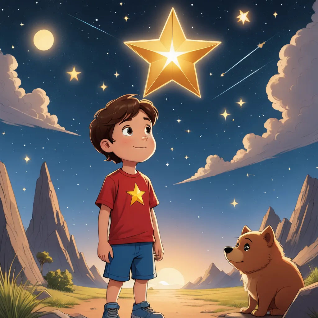 a boy standing in front of a star with a dog looking at him in the foreground and a mountain in the background, space art, a storybook illustration, Diego Gisbert Llorens, stars