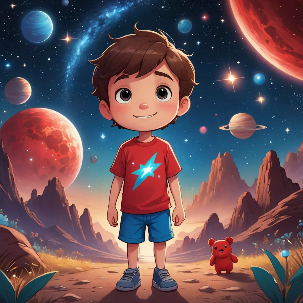 a boy standing in front of a red planet with a red teddy bear in front of it and a red star in the sky, space art, a storybook illustration, Diego Gisbert Llorens, comic cover art
